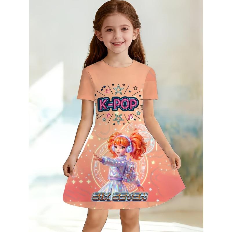 Girls Summer Clothes Kpop Cartoon Graphic Print Dress for Girls Funny Gift for Fan Harajuku O-Neck Short Sleeve Children's Dress