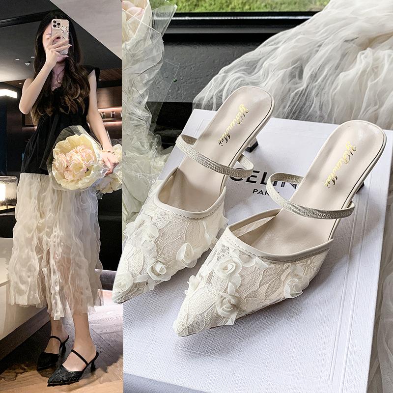 High heels women's spring and summer new bag head half drag temperament pointed lace mesh stiletto slippers women