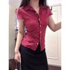 Summer New Fashion Women's Lapel Striped Short-sleeved Shirt Waist Top