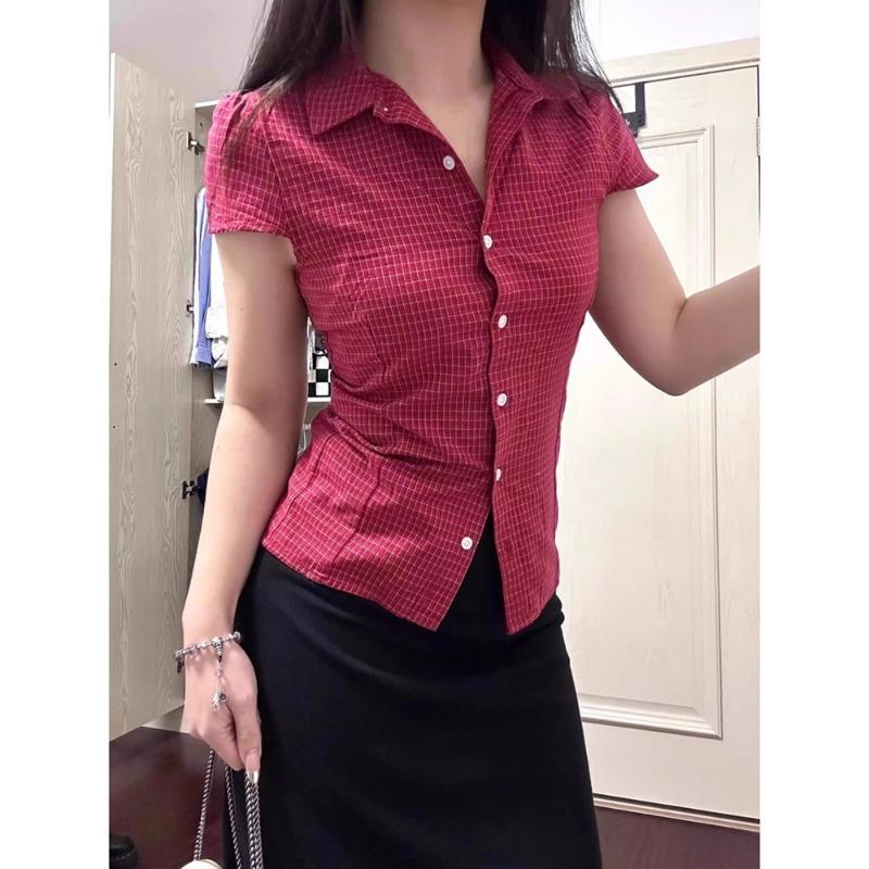 Summer New Fashion Women's Lapel Striped Short-sleeved Shirt Waist Top