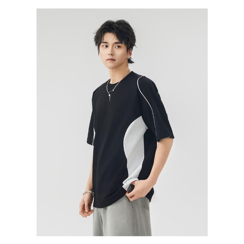 Herren Lockeres Patchwork Kurzarm T-Shirt mit Kontrastfarben Vin