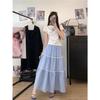 Women's Plus Size A-Line Maxi Skirt Blue Plaid Lace Trim Tiered Sweet Casual Skirt
