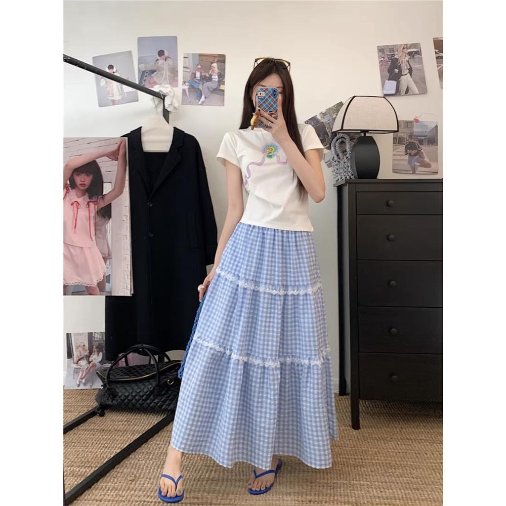 Women's Plus Size A-Line Maxi Skirt Blue Plaid Lace Trim Tiered Sweet Casual Skirt