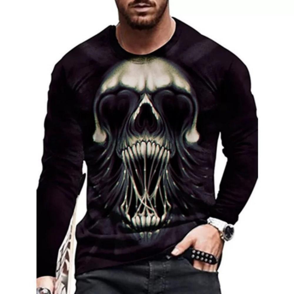 Edgy Skull Graphic Long Sleeve T-Shirt, Cool Streetwear Top for Men