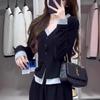 Autumn Winter V-neck Fake Two Pieces Buttons Knitting Coat Women Casual All-match Cardigan Sweater Top