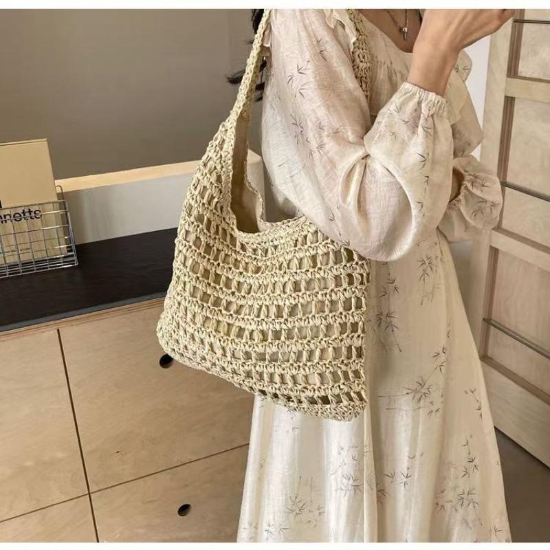 Versatile One-shoulder Straw Woven Bag, New Handmade Hollow Woven Bag, Tote Bag, Large-capacity Bag, Women's Portable Beach Bag.