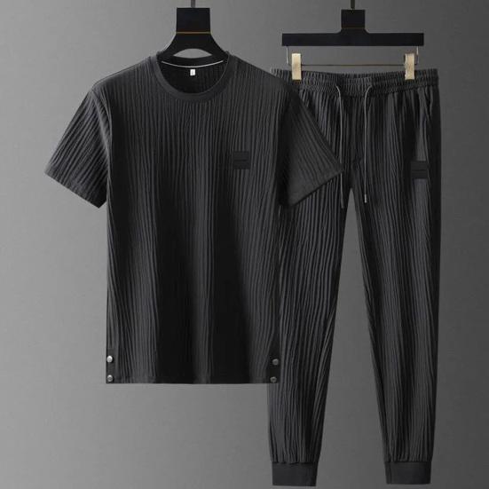 Summer Men Pleated Shirt Pants Two-pieces Set Thin Soft Breathable Tracksuit Casual Sports