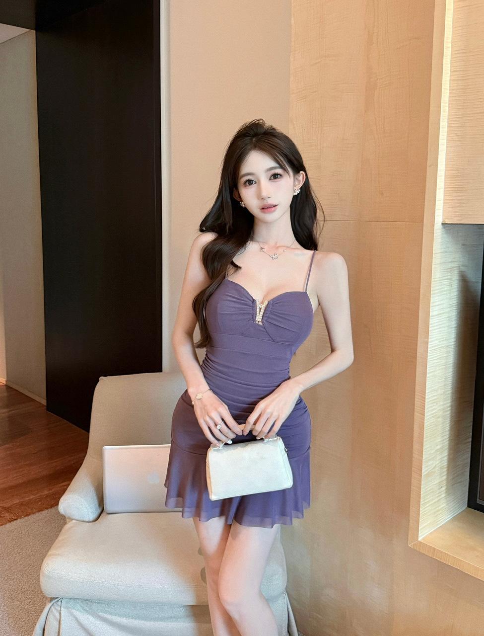 

Women s clothing work clothes store sexy deep Vneck waist thin mesh fishtail suspender dress XL фіолетовий
