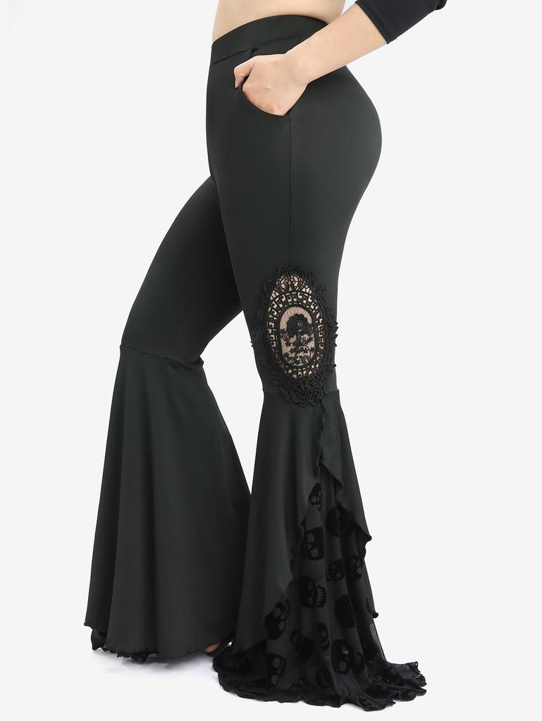 Rosegal Plus Size Skull Mesh Flocking Ruffles Floral Applique Pocket Flare Pants