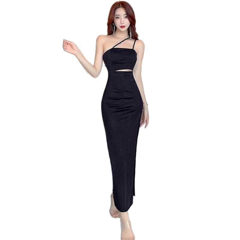 New slit sexy dress low cut high sense slanted shoulder suspender long dress evening dress design sense niche