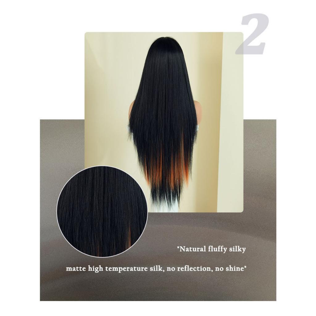 32" Extra Long Straight Wig for Cosplay – Vibrant Orange Base with Electric Blue Highlights Alt Fashion & Anime Conventions