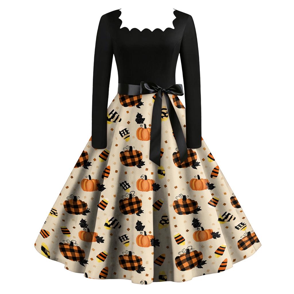 Women's Retro Long Sleeve Square Neck Halloween Print Party Dress