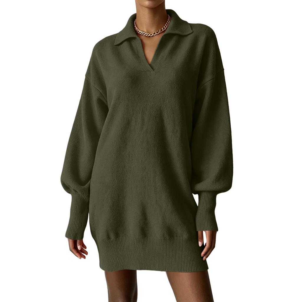 Women's Loose Fit Mid-Length Knit Sweater Dress with Sleeves and Turn-Down Collar