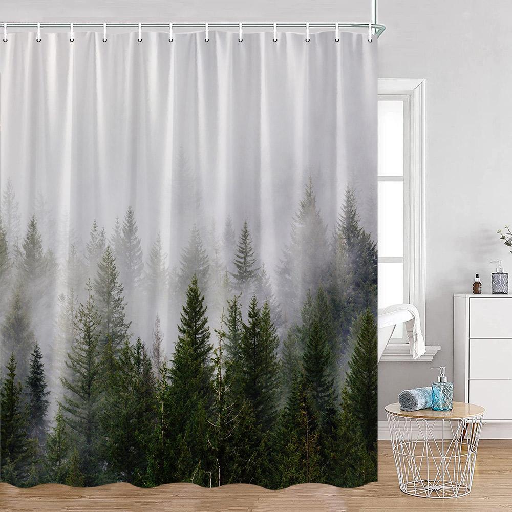 Misty Pine Forest Shower Curtains Rustic Nature Forest Green Pine Trees Fantasy Woodland Bath Curtain Modern Home Decor for Bath