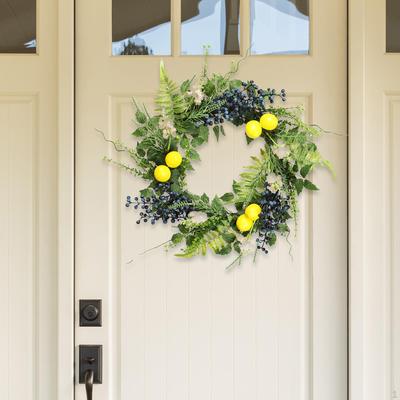 Summer Wreath Artificial Lemon Blueberry for Front Door Rustic Easy To Hang Home Decor