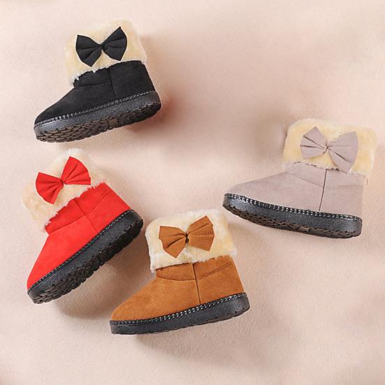 Girls Cute Bowknot Solid Color Winter Warm Snow Ankle Boots Slip On Flat Shoes