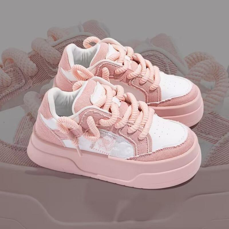 Fashion Women Pink Platform Skateboard Shoes Fashion Lace-up Comfortable Vulcanized Shoes Women Casual Sneakers Pu Leather Jogging Shoes