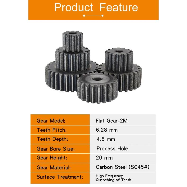 Flat Gear 2M-10/11/12/13/14/15/16/17/18/19/20T SC45# Carbon Steel Cylindrical Gear Height 20 mm High Frequency Quenching Teeth