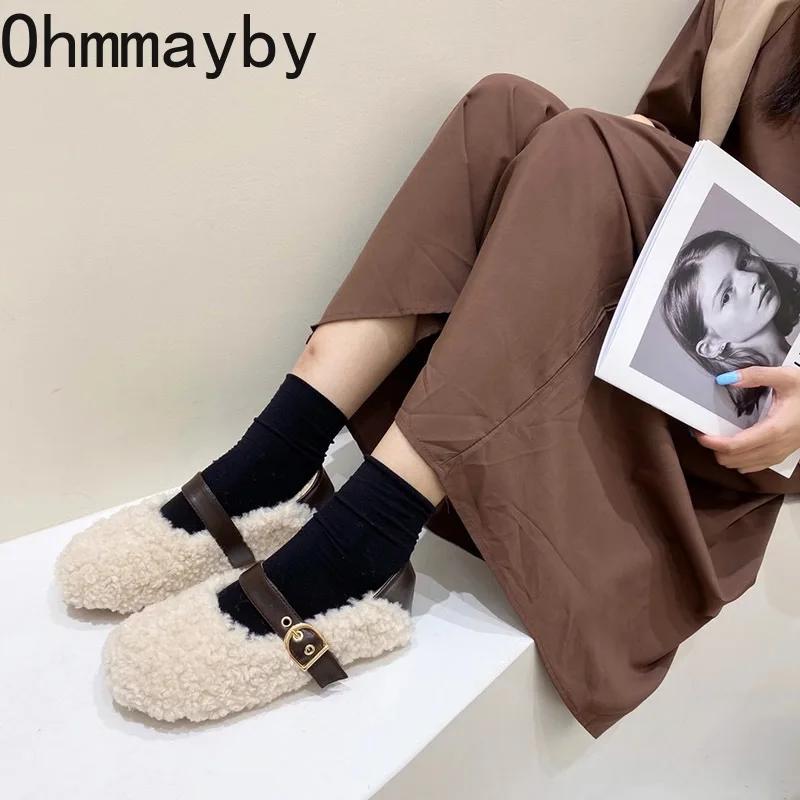 2024 Spring Lambhair Women Ballet Laofer Flat Shoes Shallow Slip On Ladies Fur Mary Jane Shoes Soft Outdoor Granny Shoes