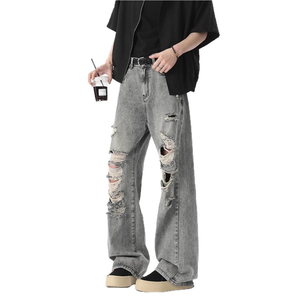 American ripped jeans men's new summer trend wear thin high street ruffian handsome loose wide-leg pants