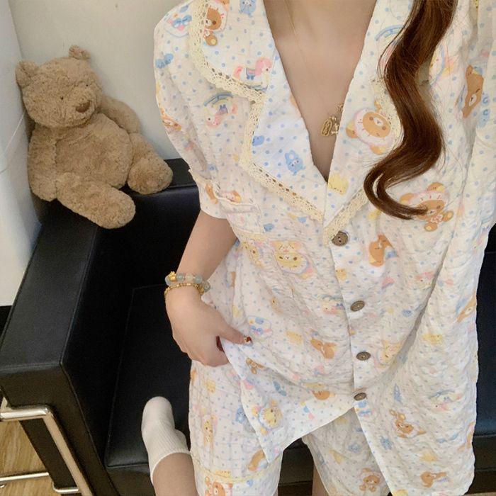 Women s Summer Cartoon Cloud Cotton Pajama Set with Chest Pads, Short Sleeves - Cute Korean Style M