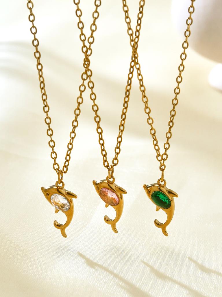 Summer Beach Series Elegant Fashion Simple Luxury Stainless Steel 18K Gold Plated With Zirconia Dolphin Pendant Necklace Female