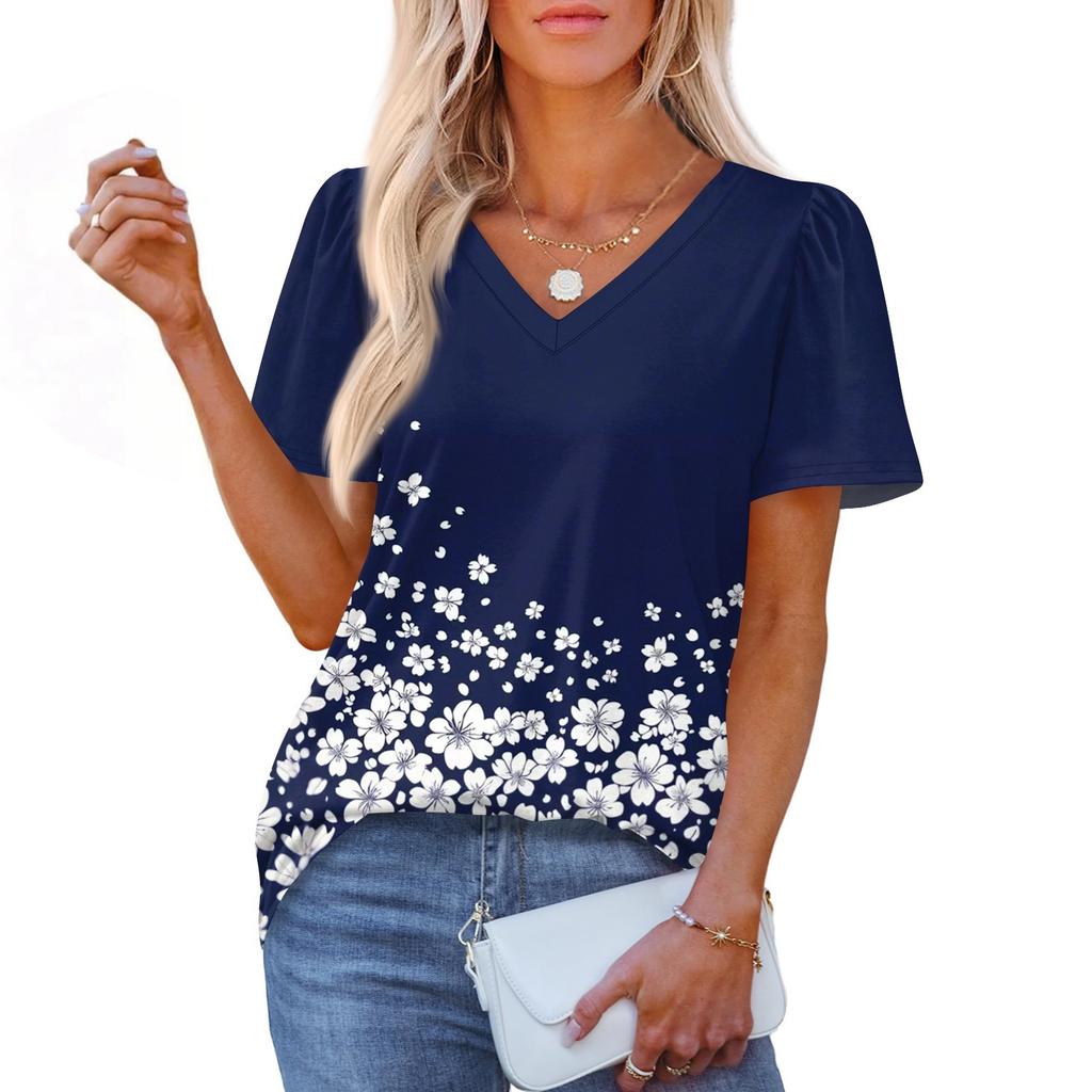 Women's Fashionable Casual Short Sleeve Print V-Neck Pullover Top