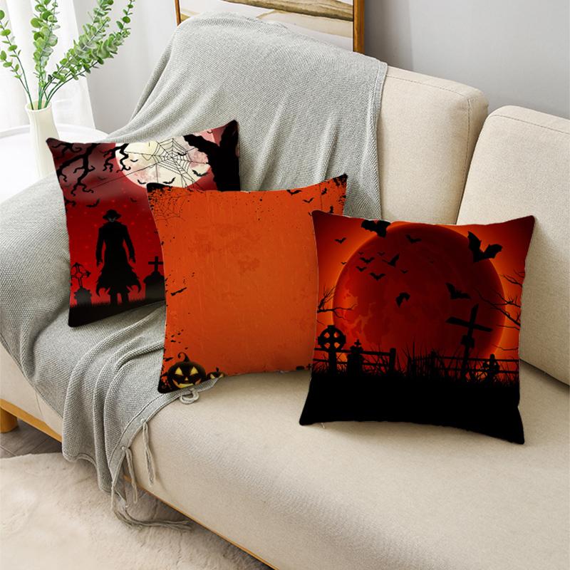 Red Halloween Night Moon Graveyard Bat Scarecrow Linen Throw Pillowcase Decorative Cushion Cover For Sofa Living Room Party
