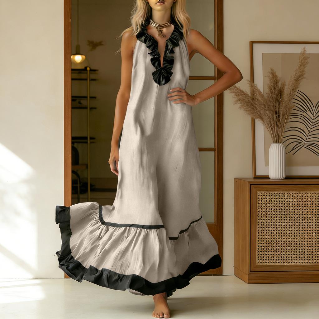 Women’s Fashion Ruffle V Neck Sleeveless Maxi Dress with Trim Relaxed Fit Flowy Vacation Style Dress for Casual Wear