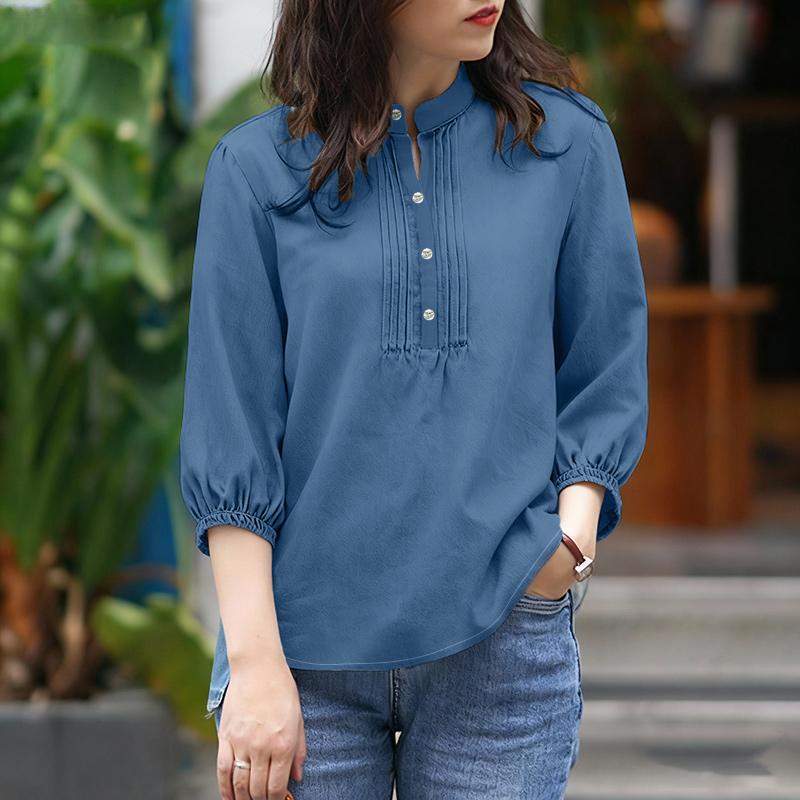 ZANZEA Damska codzienna bluzka z luźnym krojem, ze stójką, w jednolitym kolorze, z rękawami 3/4