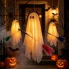 Oświetlone Dekoracje Halloweenowe na Podwórko 3 Szt. Dekoracje Duchów Strasznie Wiszące z Dekoracjami Miotły Duże Latające Białe na Drzewo Werandę Patio Dekoracja