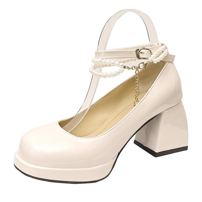 PU String Bead Buckle Strap Mary Janes Solid Square Heel Mid Heel Ladies Shoes on Sale 2025 Fashion Autumn Party Sweet Pumps