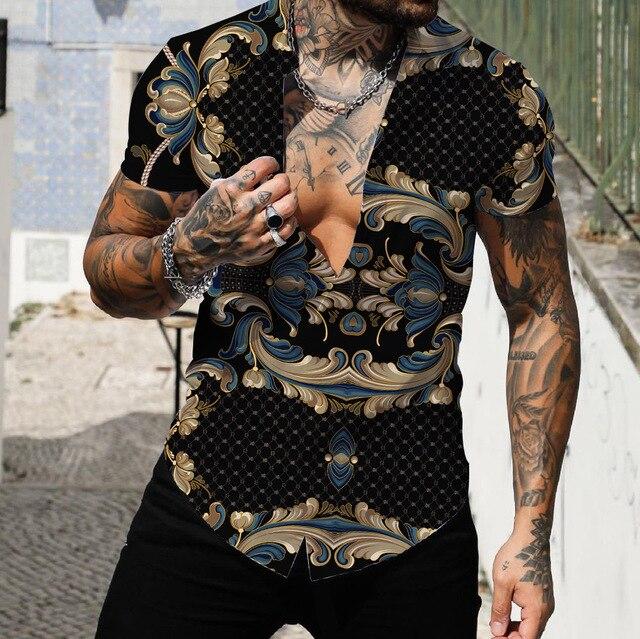 Pánské košile Krátké Luxusní košile s límečkem Lapel Prom Vysoce kvalitní topy Pánské oblečení Slim Fit Tričko 5xl Barokní potisk Volná trička