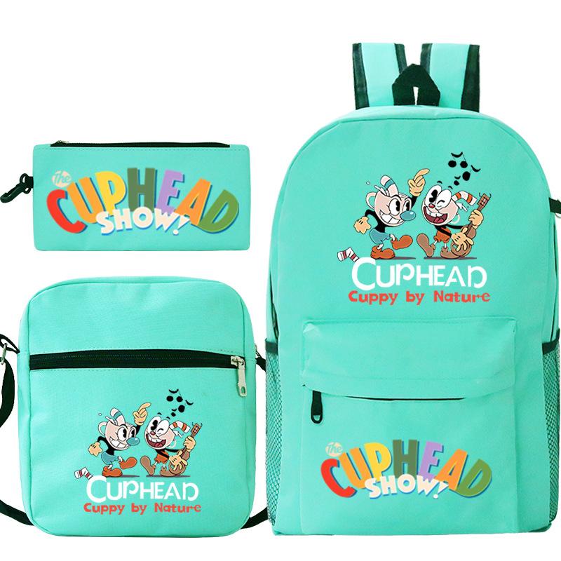 Cartoon Teacup Head Cuphead Student Backpack Oblique Span Bag Pencil Bag Primary And Secondary School Students Children'S Schoolbag Three-Piece Set