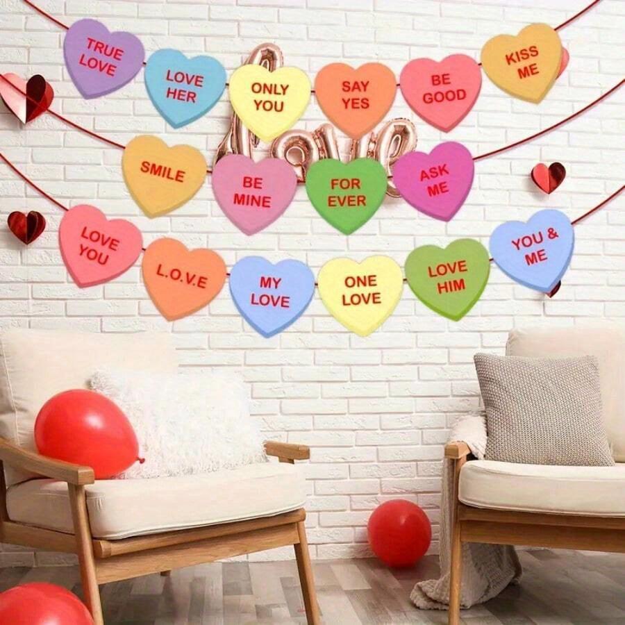 Valentine's Day Heart Banner Garland - Candy-Colored, Pre-Strung with Love Sayings for Anniversary, Wedding & Birthday Decorations