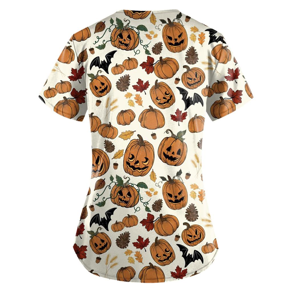 Women's Fashion Halloween Printed Short Sleeve V-neck Tops Working Pocket Blouse