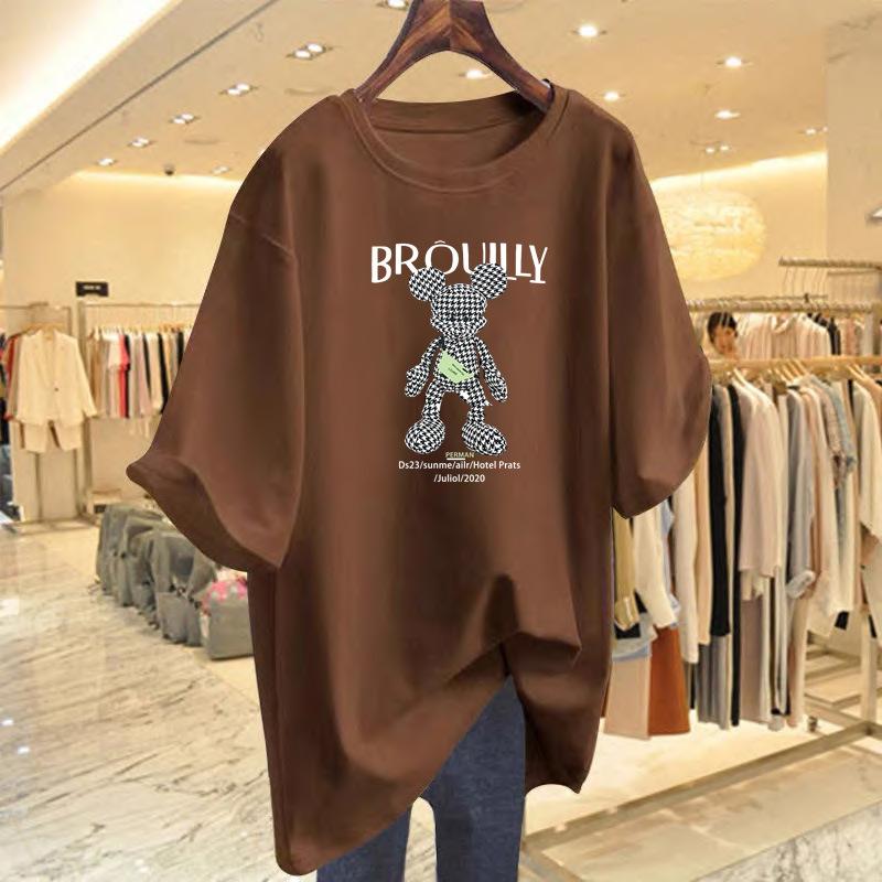 

Бавовняна футболка великого розміру з коротким рукавом жіноча 2025 нова вільна ведмедик круглий виріз топ, що прикриває сідниці, базова сорочка інс XXXL