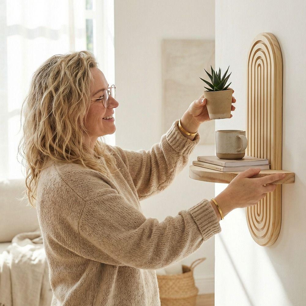 Oval Threaded Arched Floating Shelf Natural Artistic Wooden Stand Boho Style Rack  Bedroom