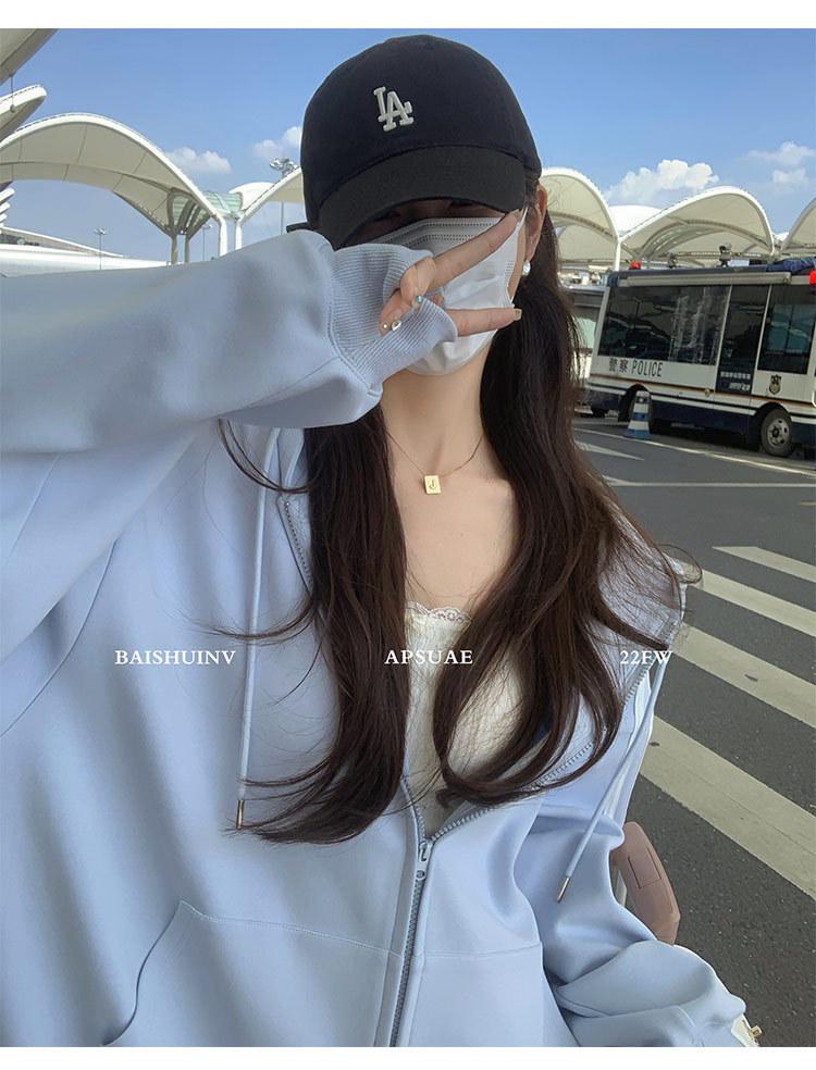 Cárdigan Sudadera Oversize Azul para Mujer, Estilo Coreano 2025, Diseño de Hombro Recto, Corte Holgado, Perfecto para Primavera y Otoño.