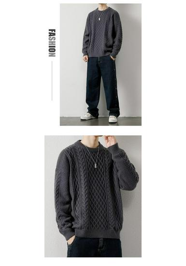 Men's Retro Cable Knit Sweater - Round Neck, Loose Fit, Trendy Autumn/Winter Woolen Knitwear for Teens