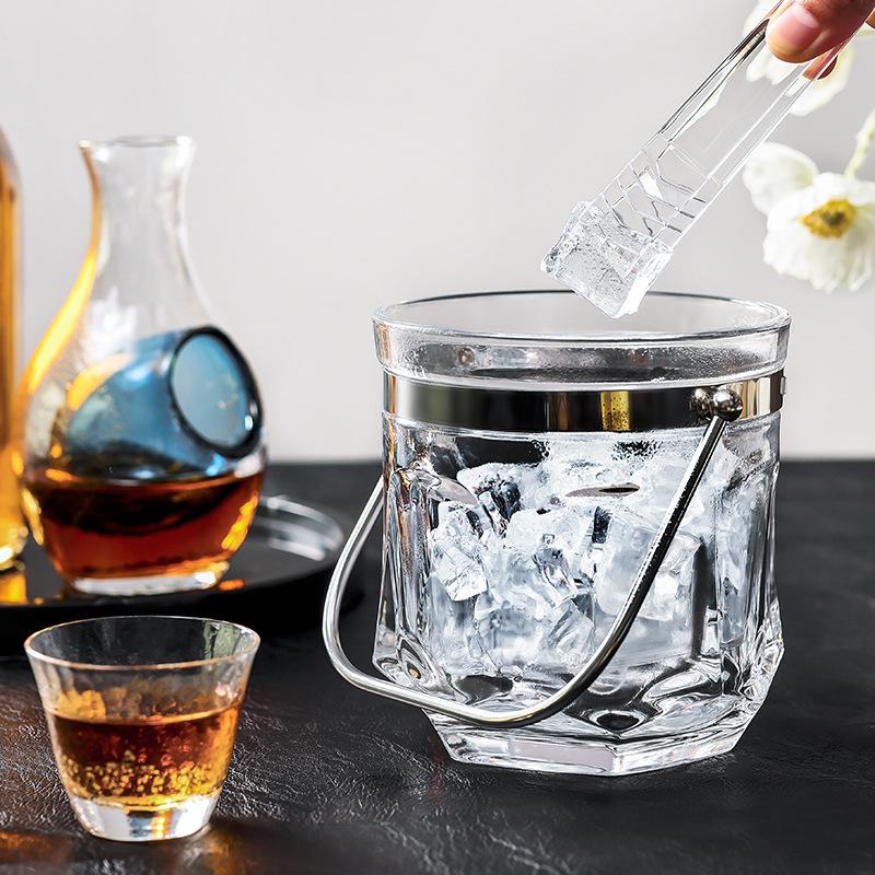 Glass ice bucket, stainless steel handle with ice clip hexagonal ice cube bucket
