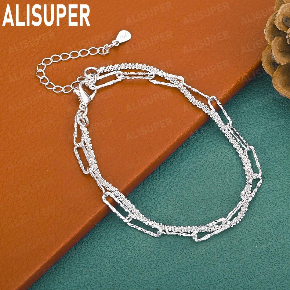 925 Sterling Silver Double-Layer Millet Bead Square Clasp Bracelet - Fashion Gift Jewelry