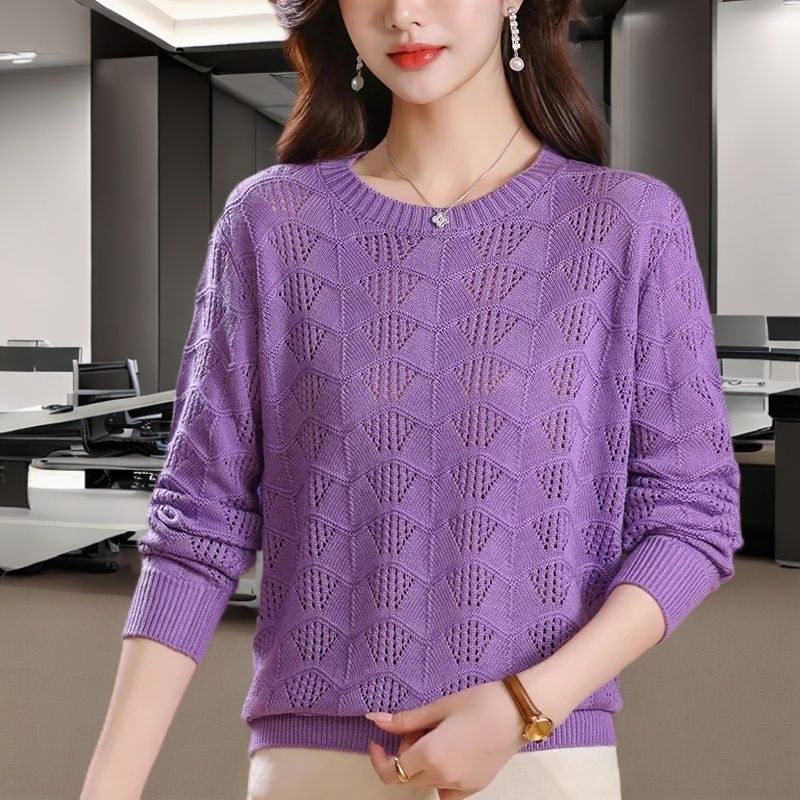 Women's Round Neck Top Hollow-Out Outerwear with Temperament Thin Base Knitted Sun-Protective Cover Blouse