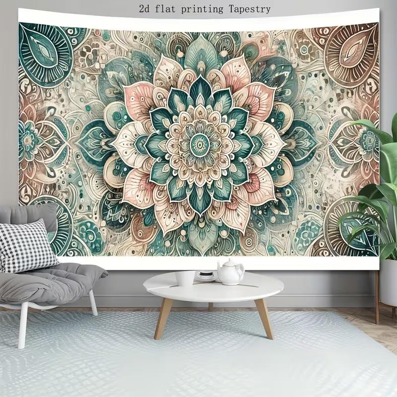 2D Watercolor Mandala Tapestry, Bohemian Teal Pink Flower Background Cloth