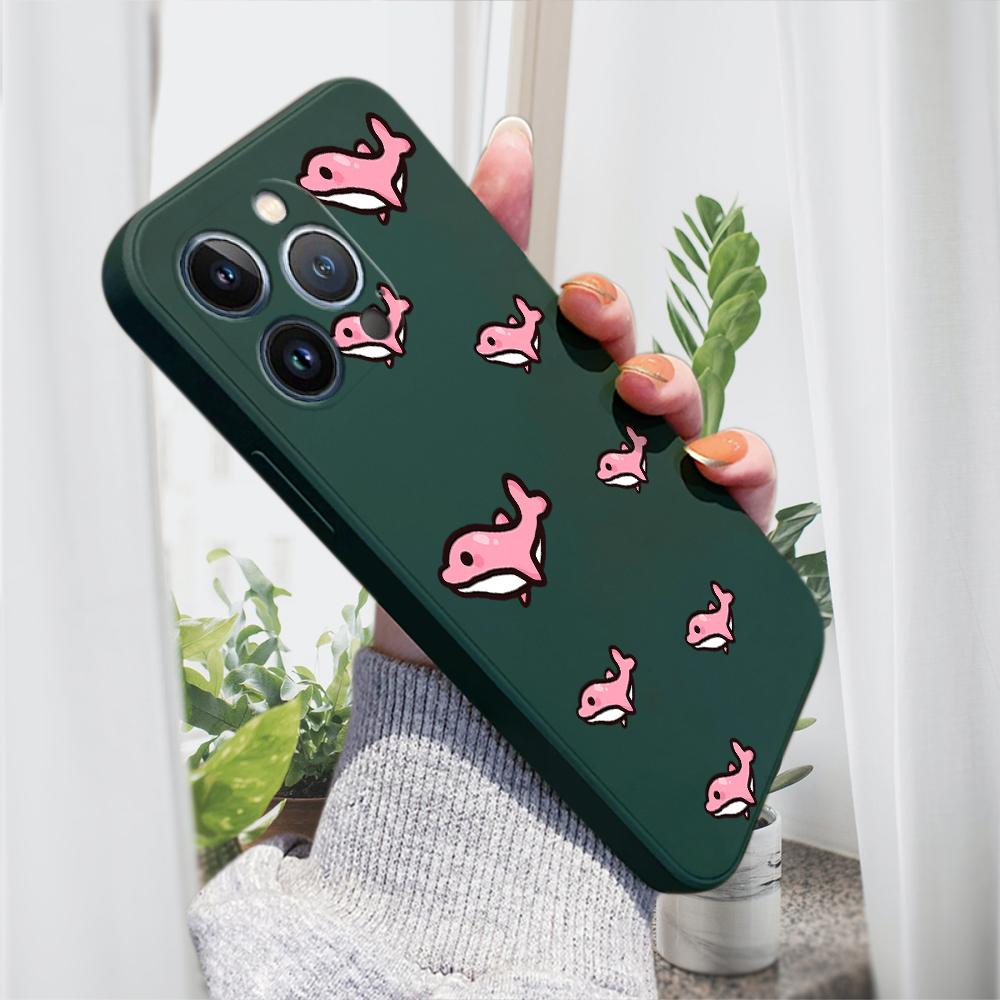 Cute Pink Dolphin Phone Case for iPhone 15 14 13 12 11 Samsung Galaxy A12 A52 S24 S23 Xiaomi POCO Redmi Soft Square Liquid Silicone Cover Casing