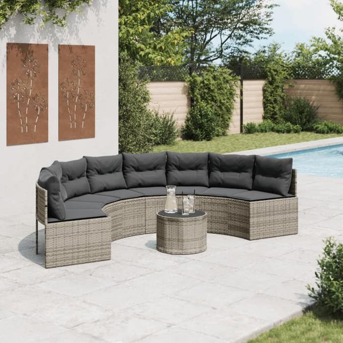 VidaXL Canapé de jardin table coussins demi-rond gris résine tressée, canapé d’extérieur, canapé de forme demi-ronde, canapé 3318527