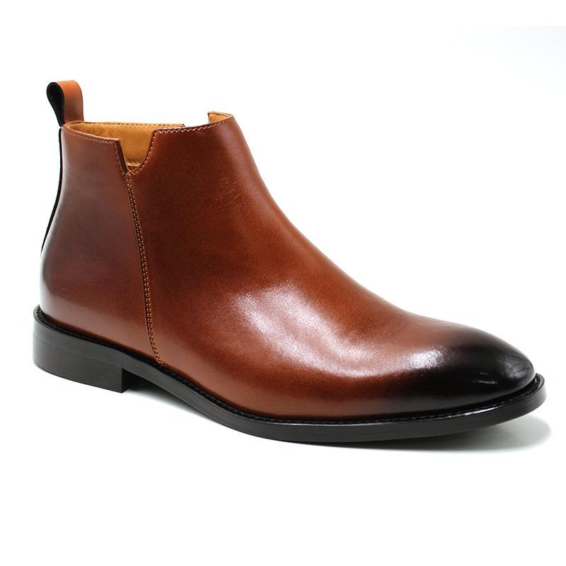Square-headed Chelsea boots men's leather Martin boots side zipper British style casual mid-top leather shoes platform short boots men