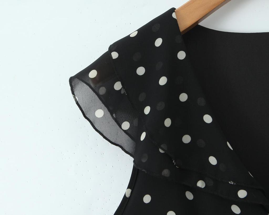 2026 Chic Polka Dot Ruffle Chiffon V-Neck Mini Dress