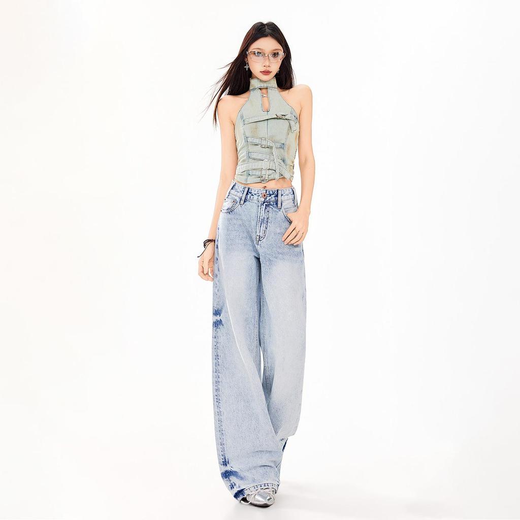 Women's Retro Sky Blue High-Waist Jeans, 2026 Spring/Summer Collection - Loose, Slimming, Floor-Length, Straight-Leg Versatile Pants