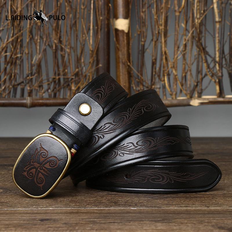 Retro All-match Laser Engraved Pattern Trendy Smooth Buckle Belt Men's Buckle Genuine Leather Casual Belt